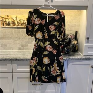 RW&CO Black and Pink Fit and Flare Puff Sleeve Dress